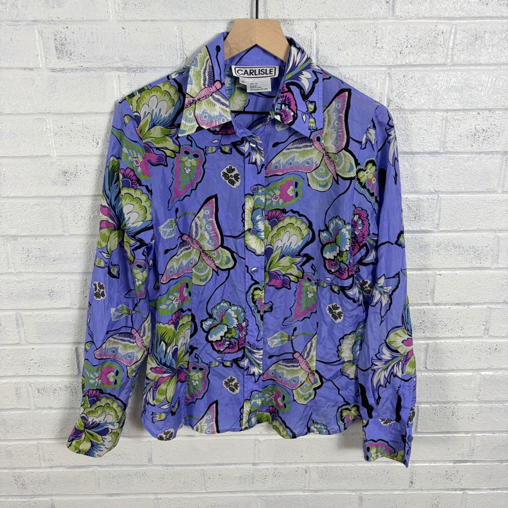 Carlisle Silk Button Down Shirt Womens 10 Purple Butterfly Floral Long Sleeve